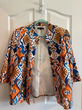 Preston & York Blue, Orange and Tan Ikat Open Jacket Fully Lined